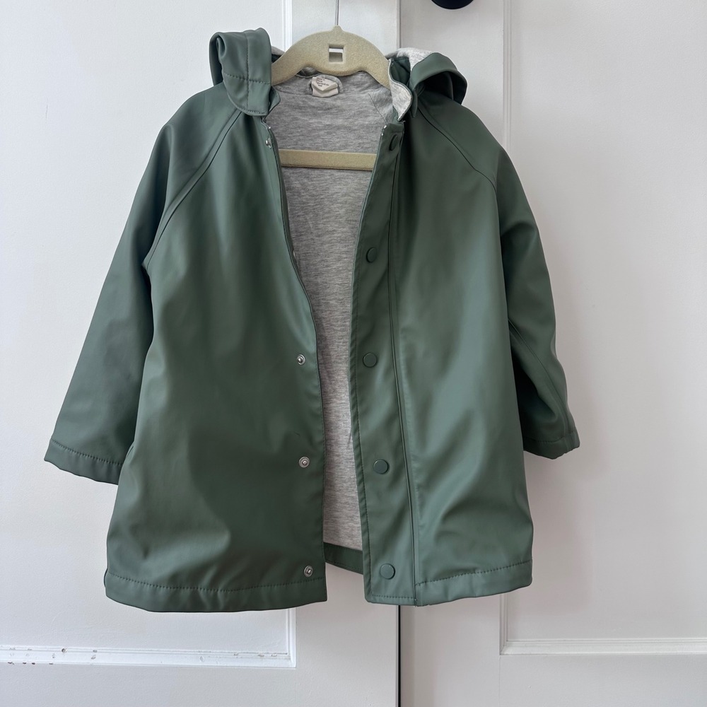 HM Kids Olive Green Hooded Rain Jacket Size 1.5-2Y Fall Sage Coat